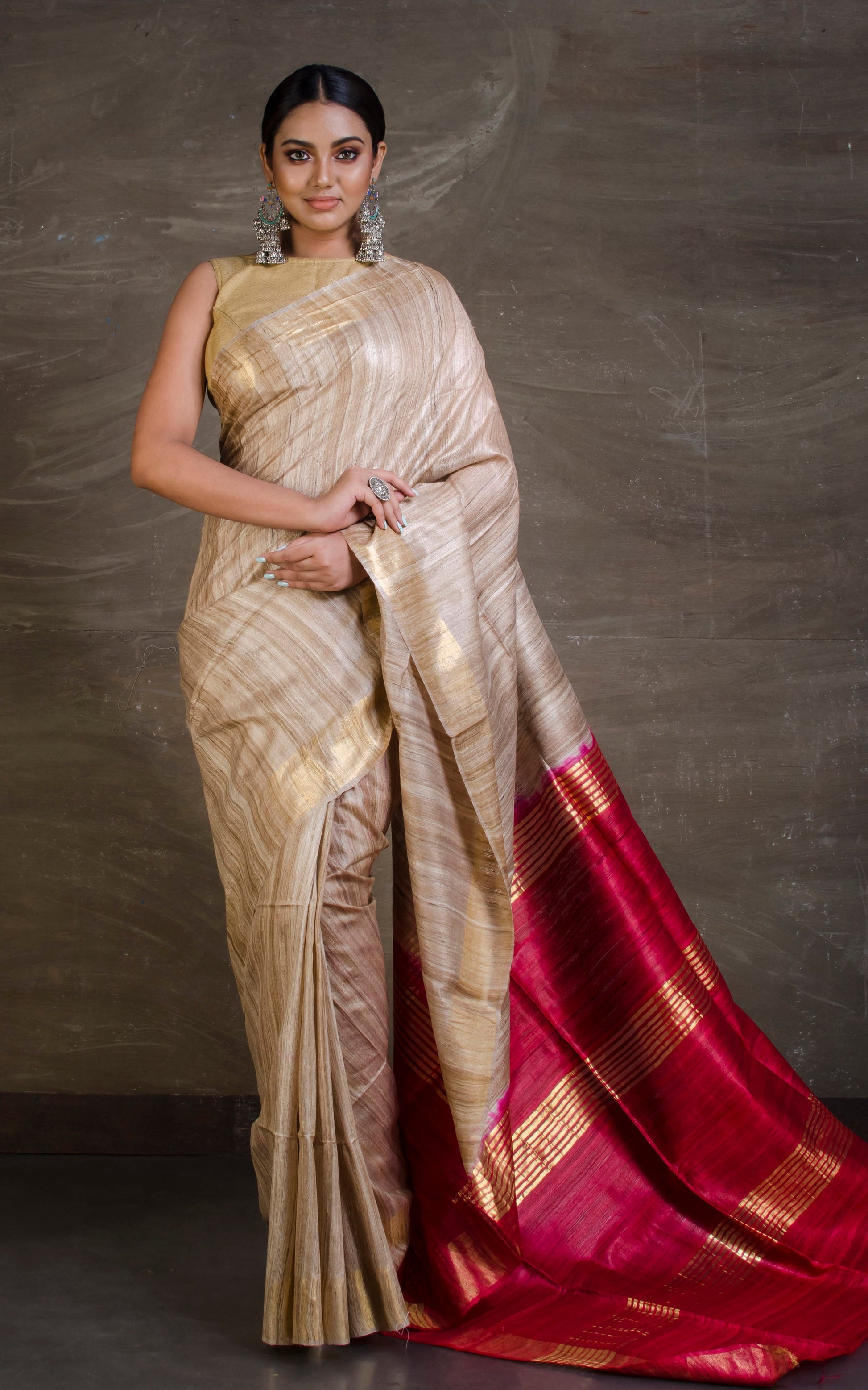 Pure Handloom Gicha Tussar Saree in Beige and Dark Red