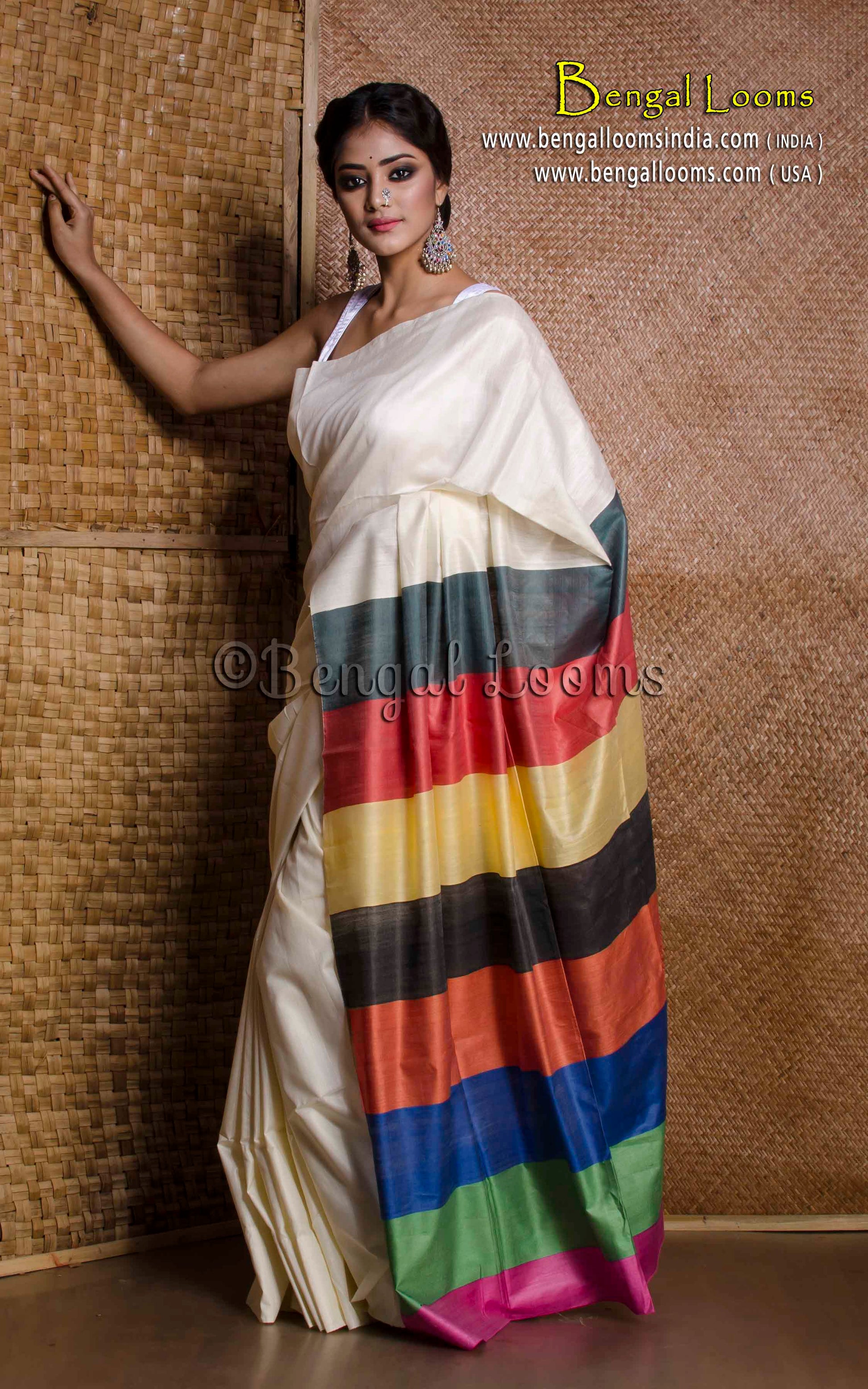 Pure Handloom Bhagalpuri Silk Saree in Porcelain White and Multicolored