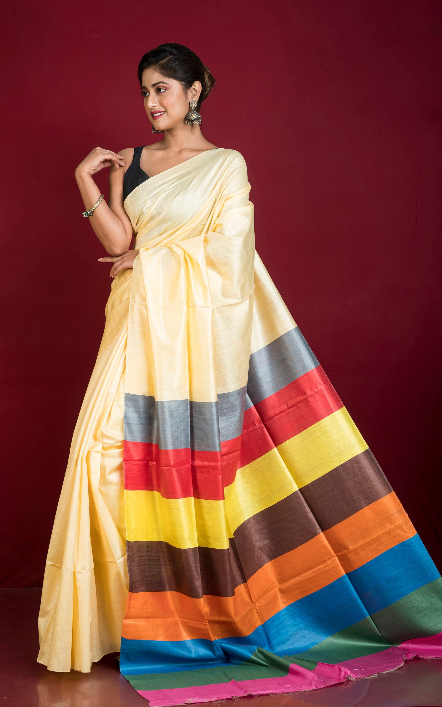 Pure Handloom Bhagalpuri Silk Saree in Rich Cream and Multicolored