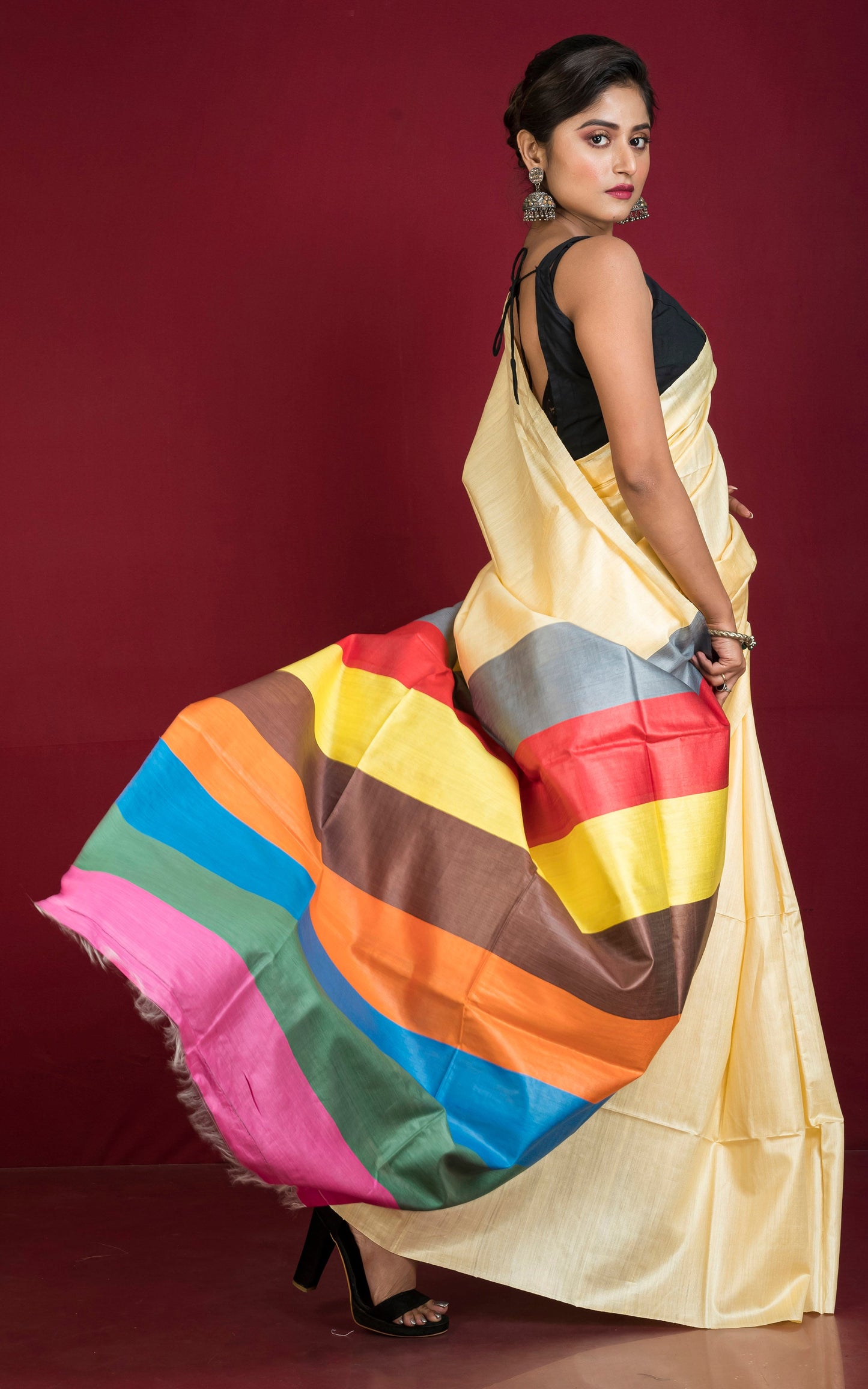 Pure Handloom Bhagalpuri Silk Saree in Rich Cream and Multicolored