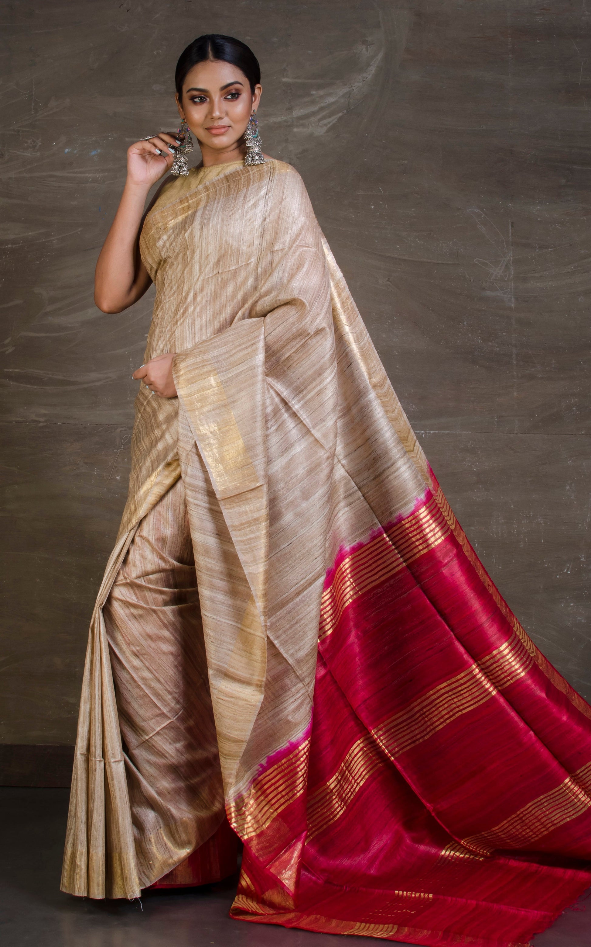 Pure Handloom Gicha Tussar Saree in Beige and Dark Red