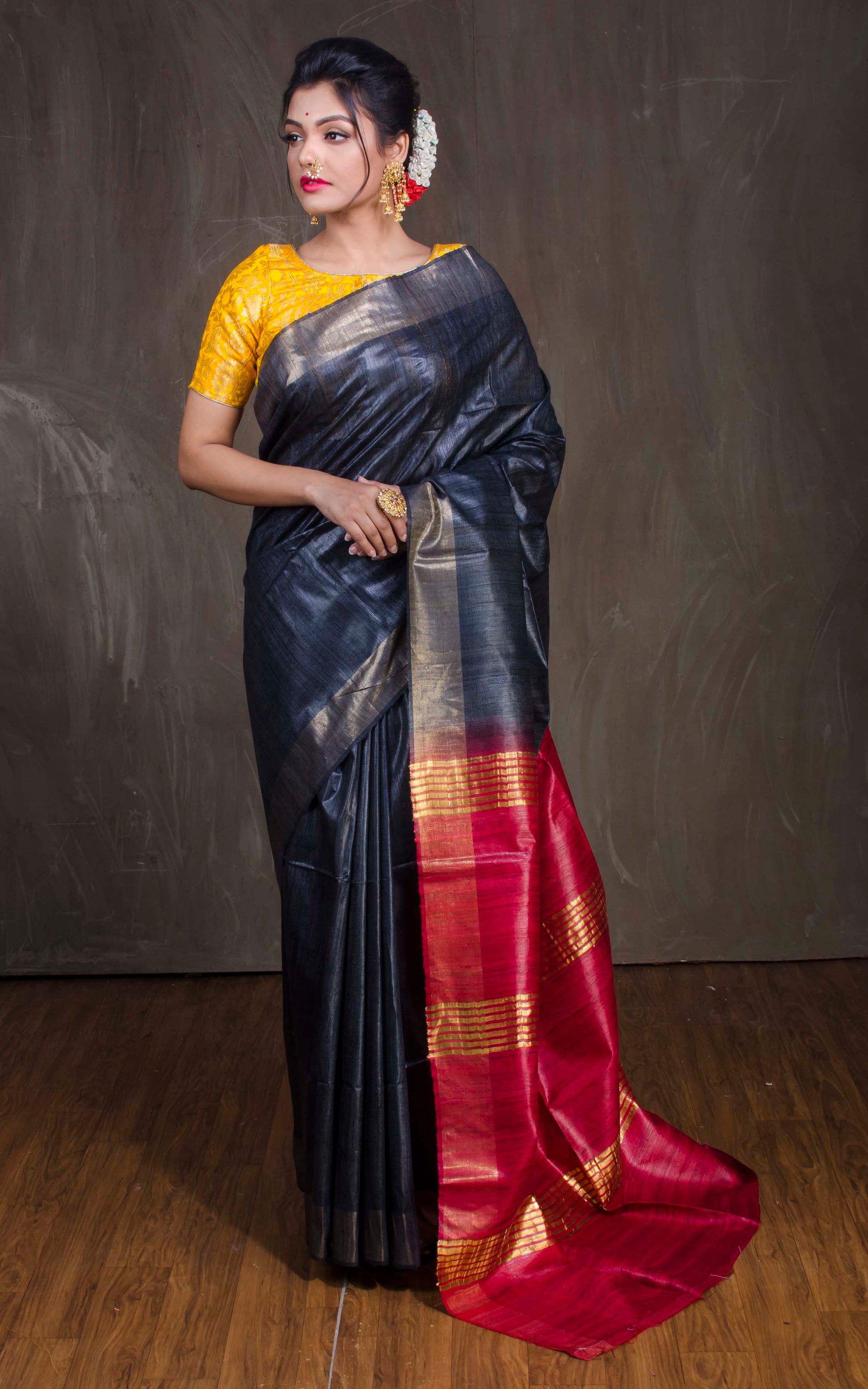 Pure Handloom Gicha Tussar Saree in Lead Black and Dark Red