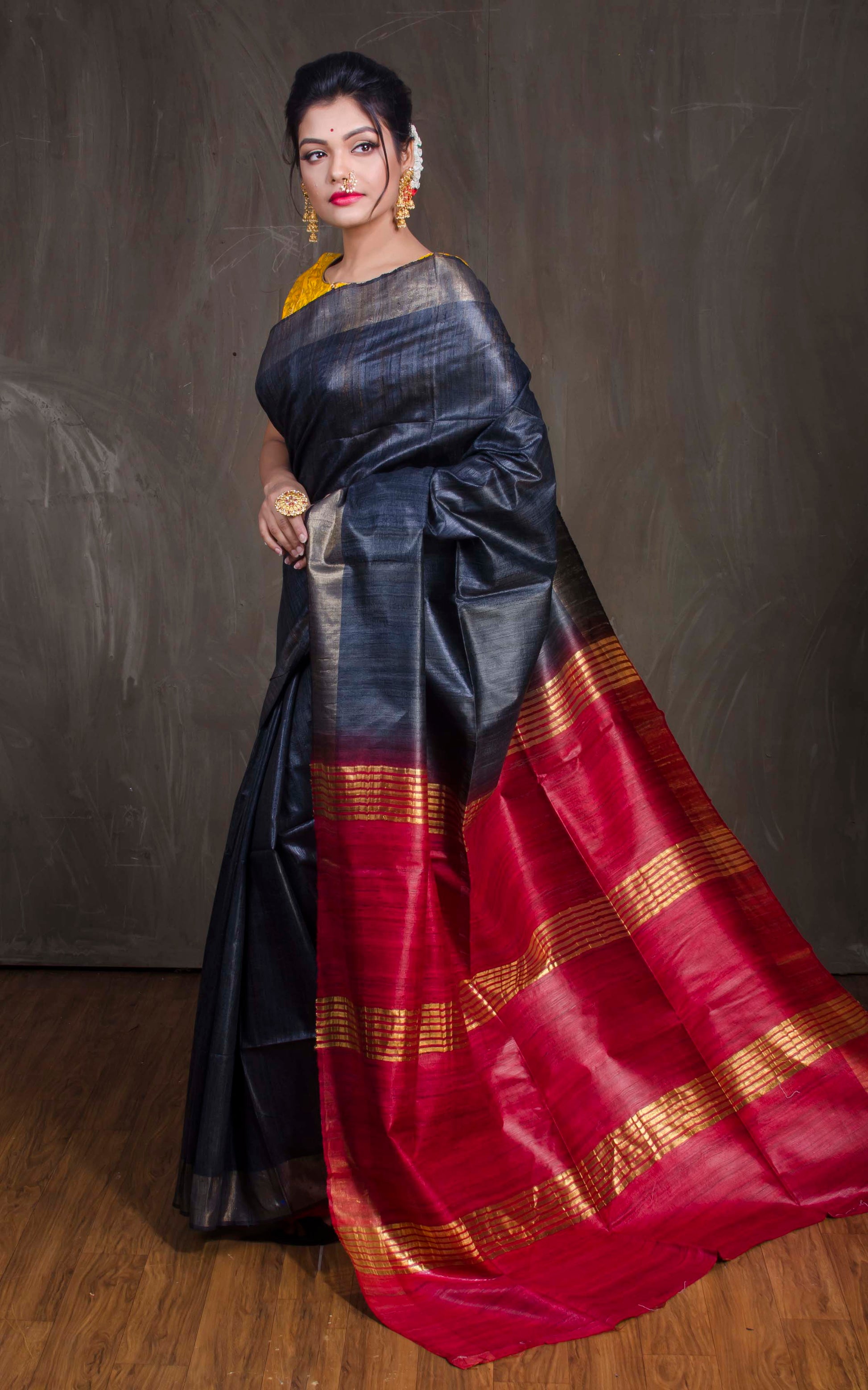 Pure Handloom Gicha Tussar Saree in Lead Black and Dark Red