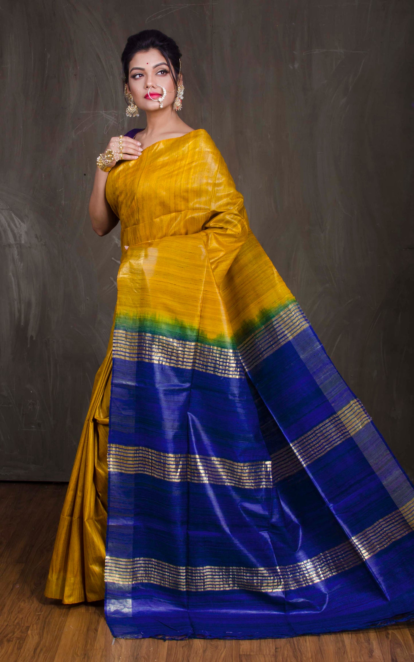 Pure Handloom Gicha Tussar Saree in Yellow and Royal Blue