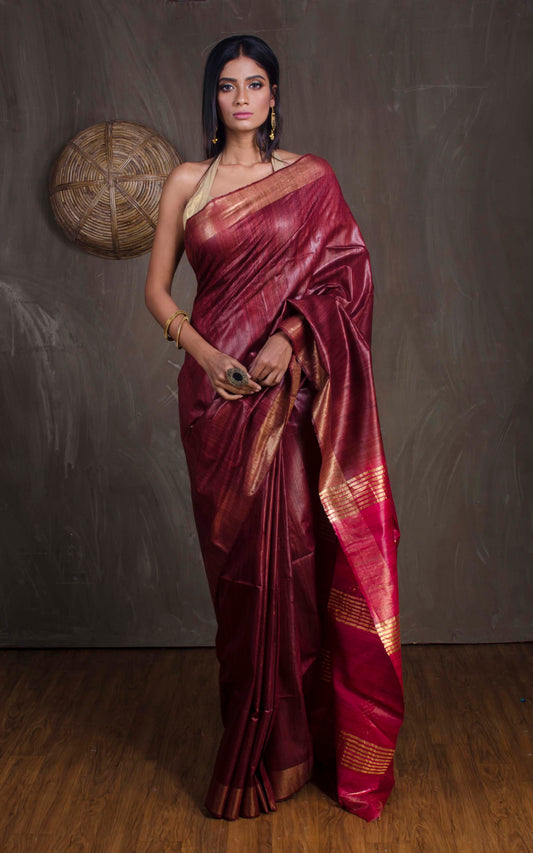 Pure Handloom Gicha Tussar Saree in Brownish Maroon and Dark Red