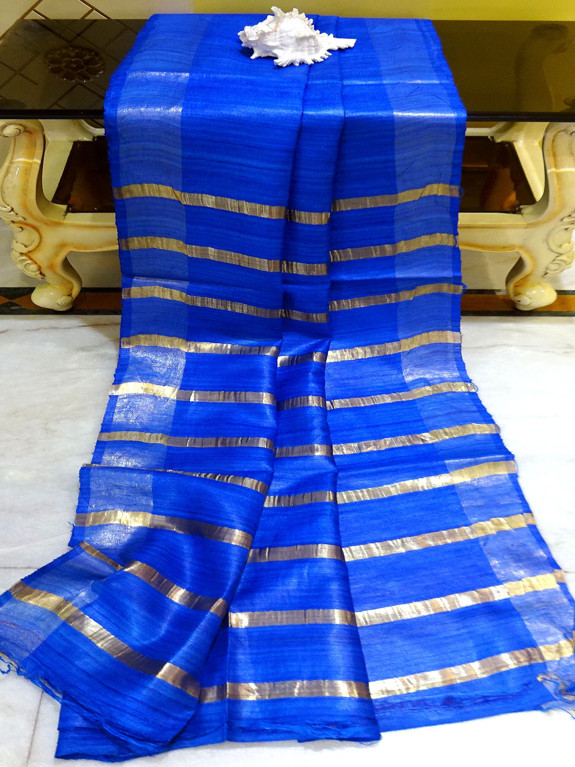 Gicha Tussar Silk Saree with Woven Gold Bands Pallu in Mariner Blue and Golden