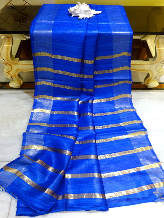 Gicha Tussar Silk Saree with Woven Gold Bands Pallu in Mariner Blue and Golden