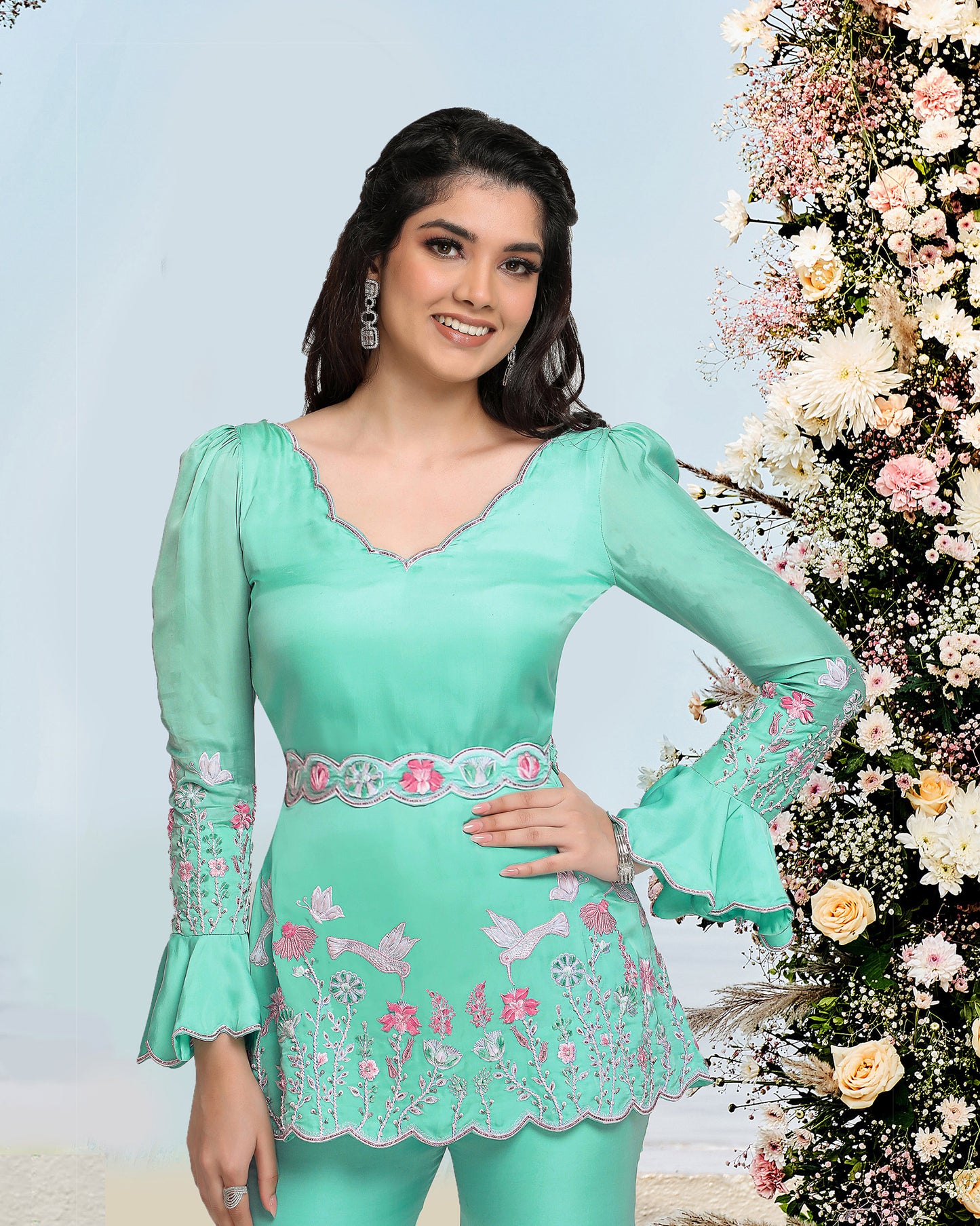 Humming Birds Sharara Set- Green