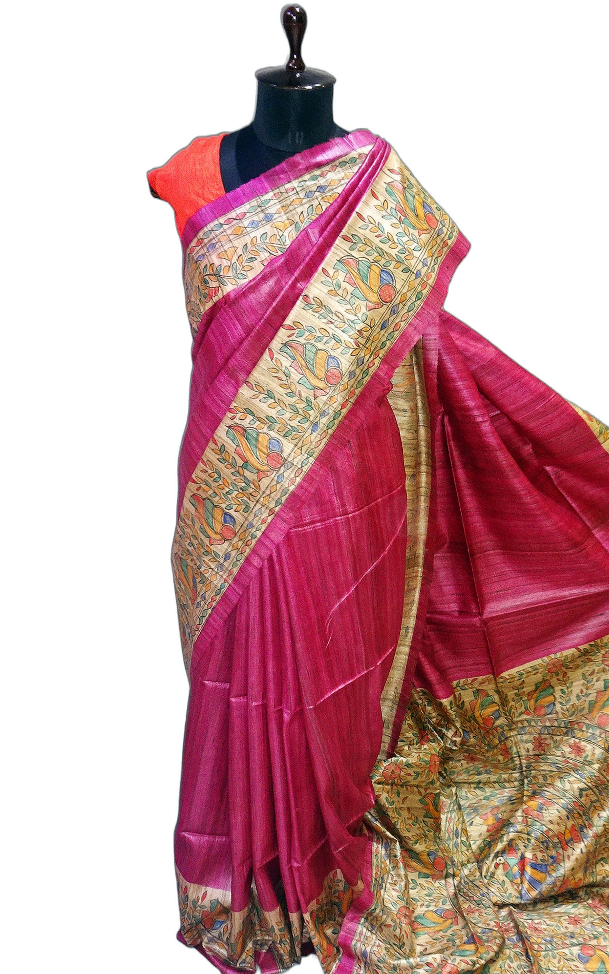 Hand Paint Madhubani on Natural Gicha Tussar Silk Saree in Magenta