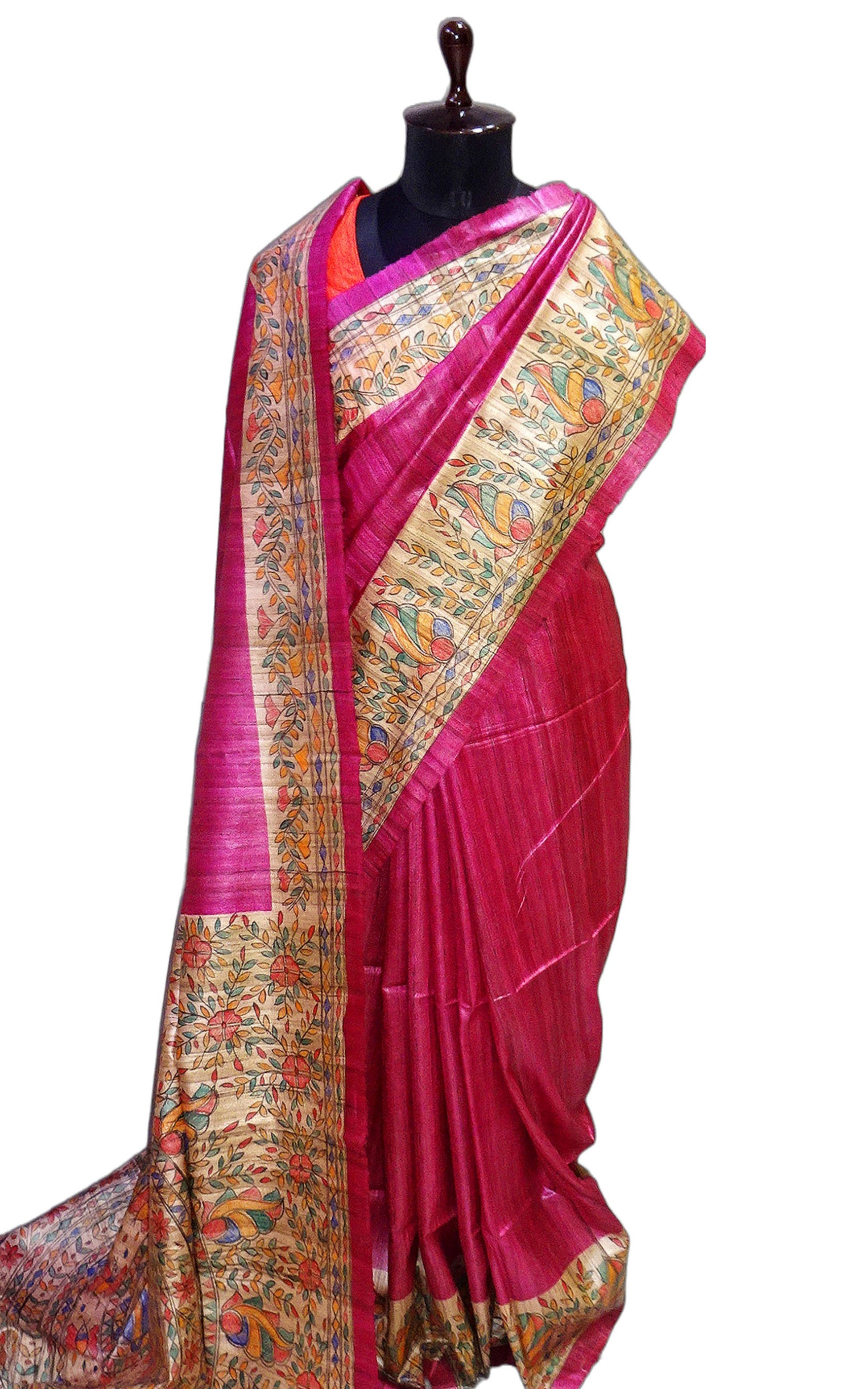 Hand Paint Madhubani on Natural Gicha Tussar Silk Saree in Magenta