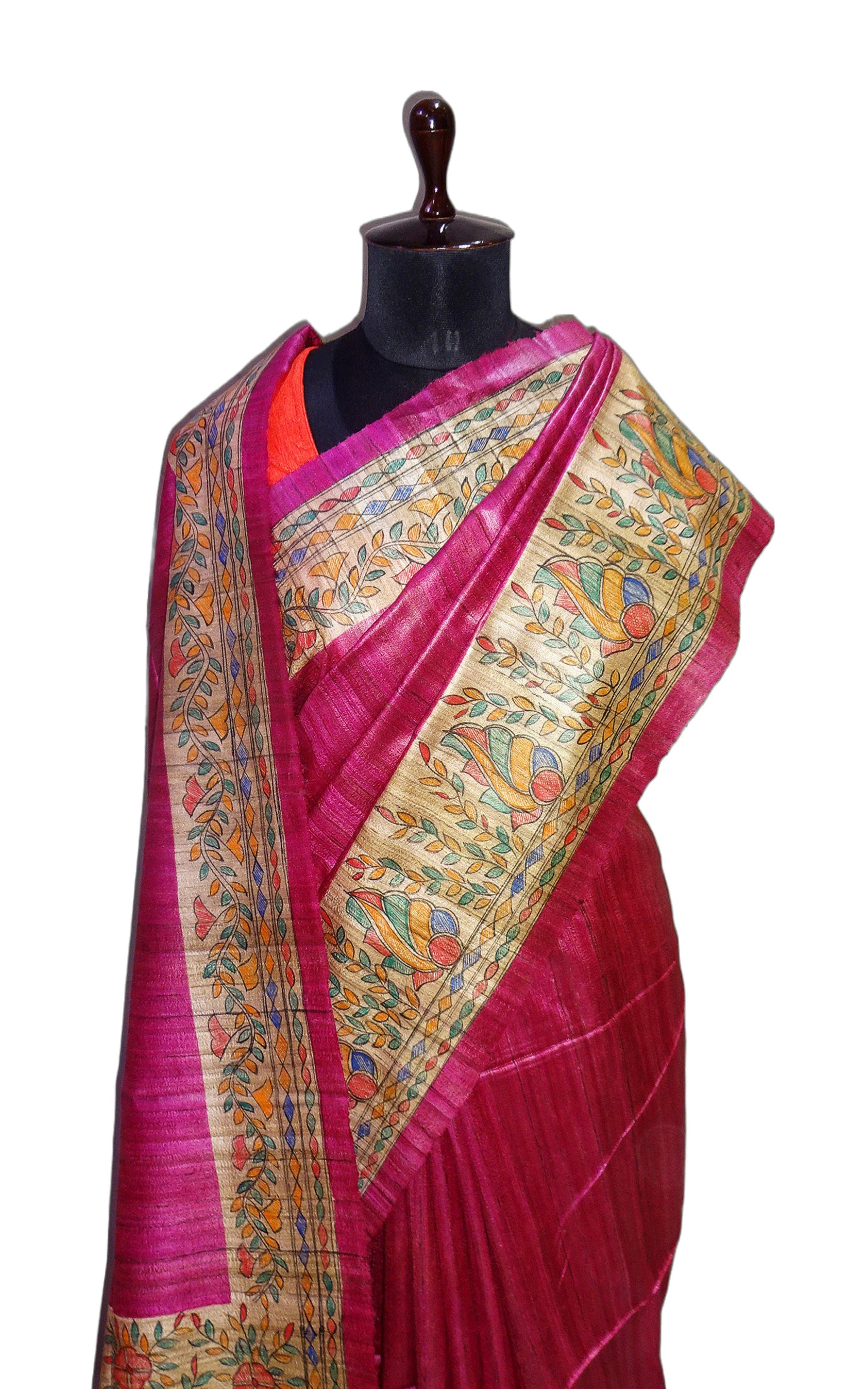 Hand Paint Madhubani on Natural Gicha Tussar Silk Saree in Magenta