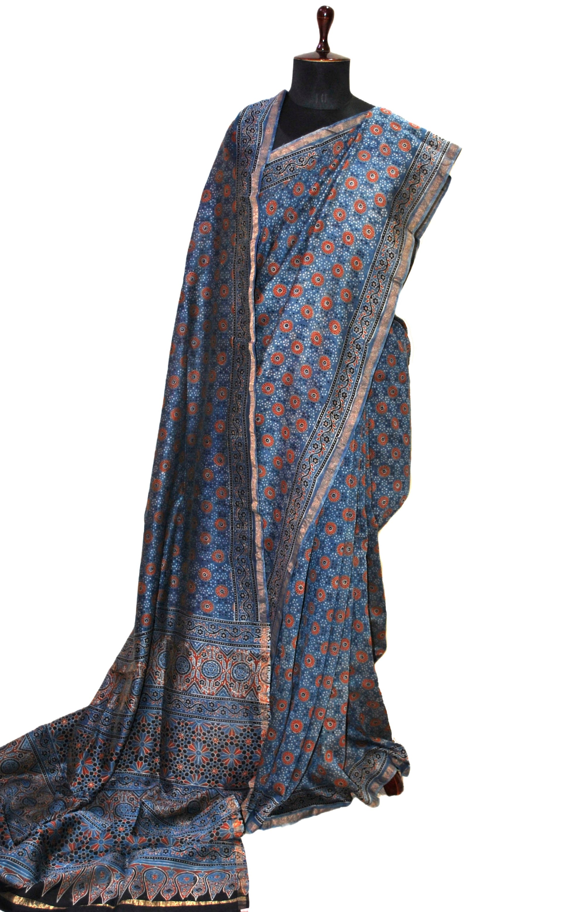 Ajrakh Work Cotton Chanderi Saree in Indigo Blue, Brown and Black