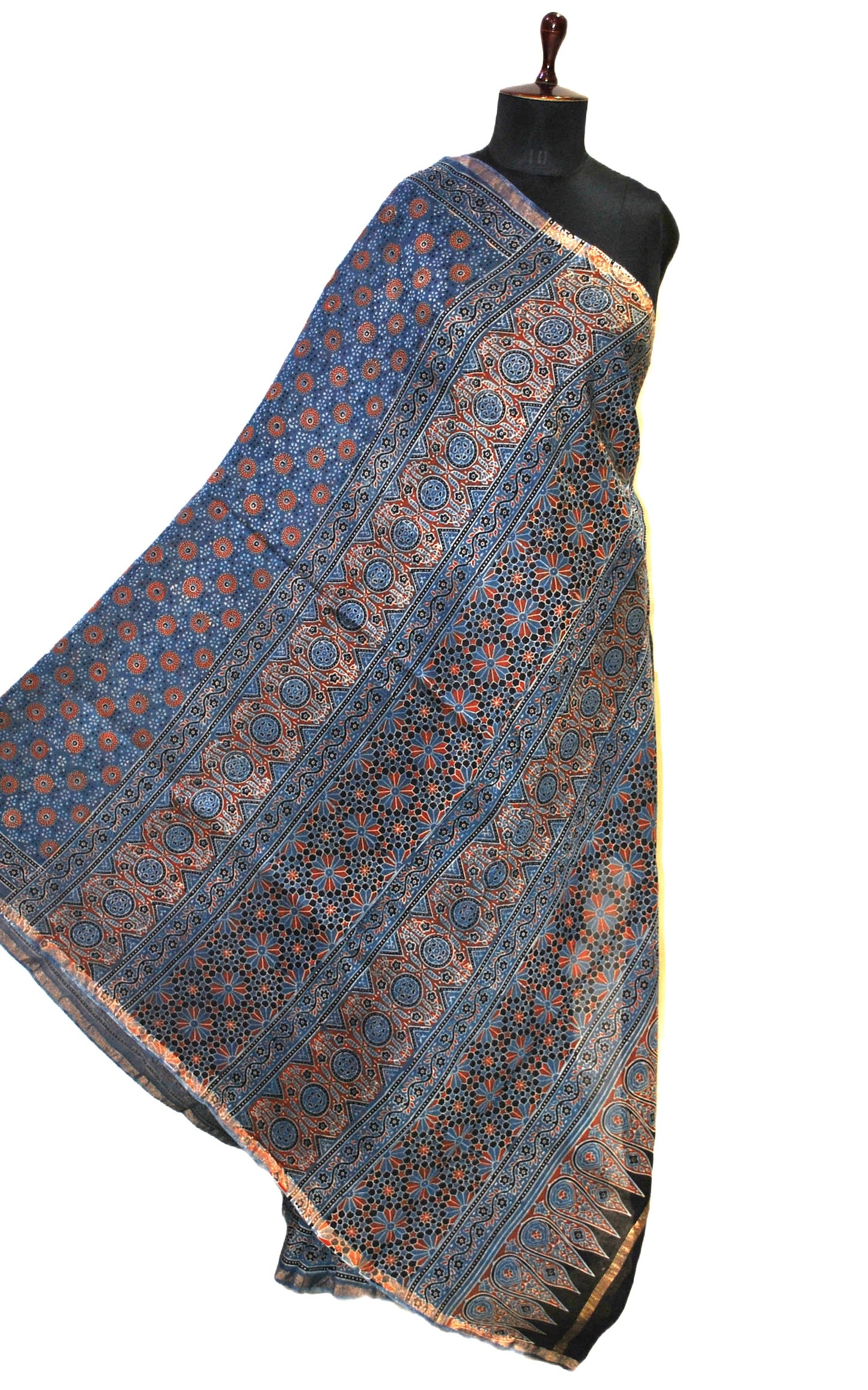 Ajrakh Work Cotton Chanderi Saree in Indigo Blue, Brown and Black