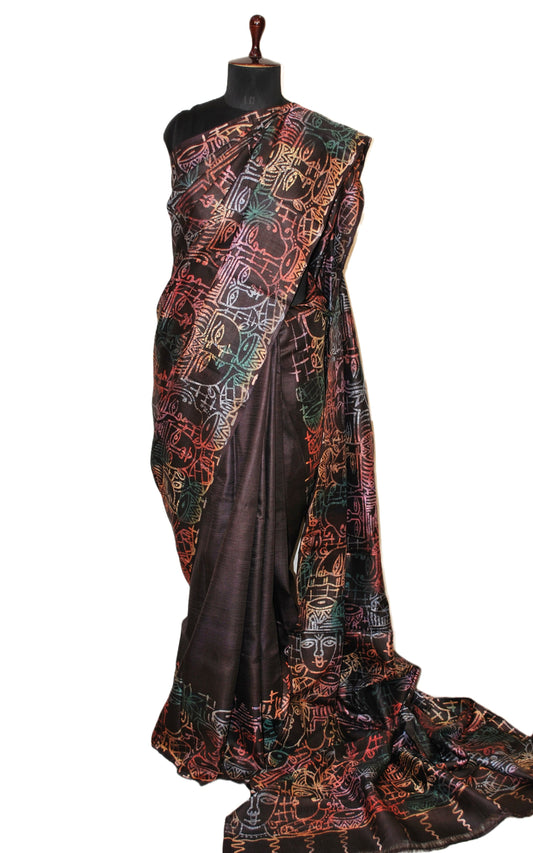 Hand Batik Soft Pure Tussar Silk Saree in Snuff Brown and Multicolored Pastel Shades