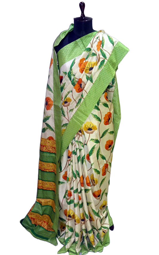 Floral Printed with Kantha Work Soft Kosa Silk Saree in Cream, Pastel Green and Multicolored