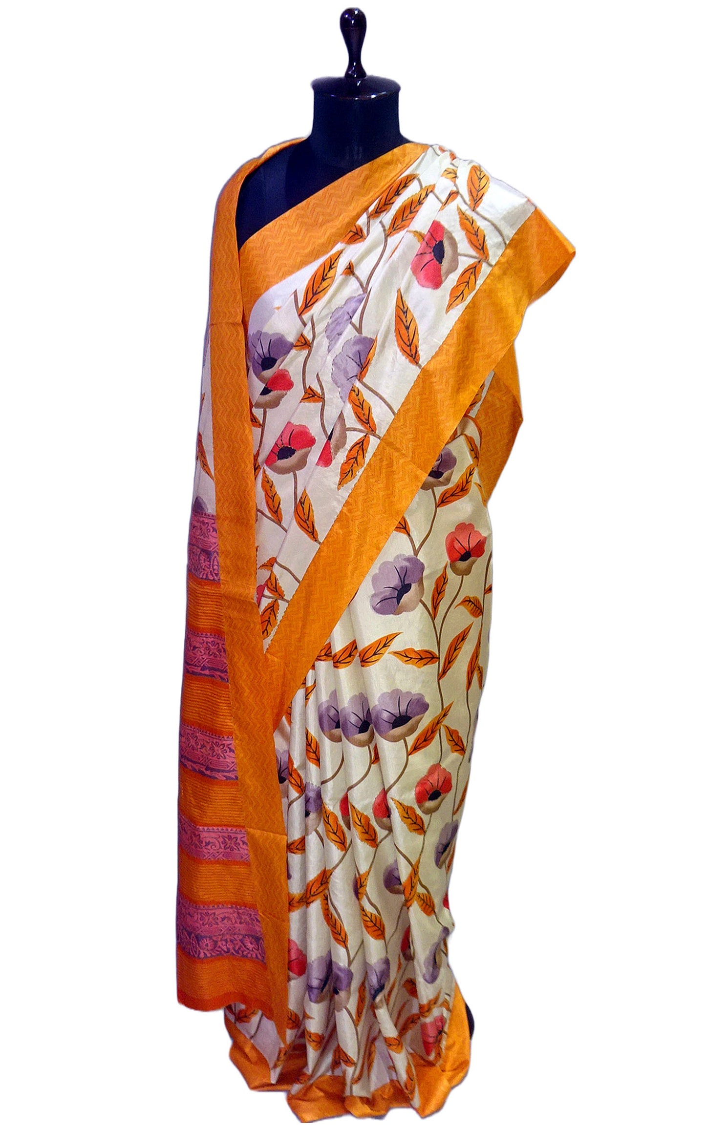 Floral Printed with Kantha Work Soft Kosa Silk Saree in Cream, Saffron and Multicolored