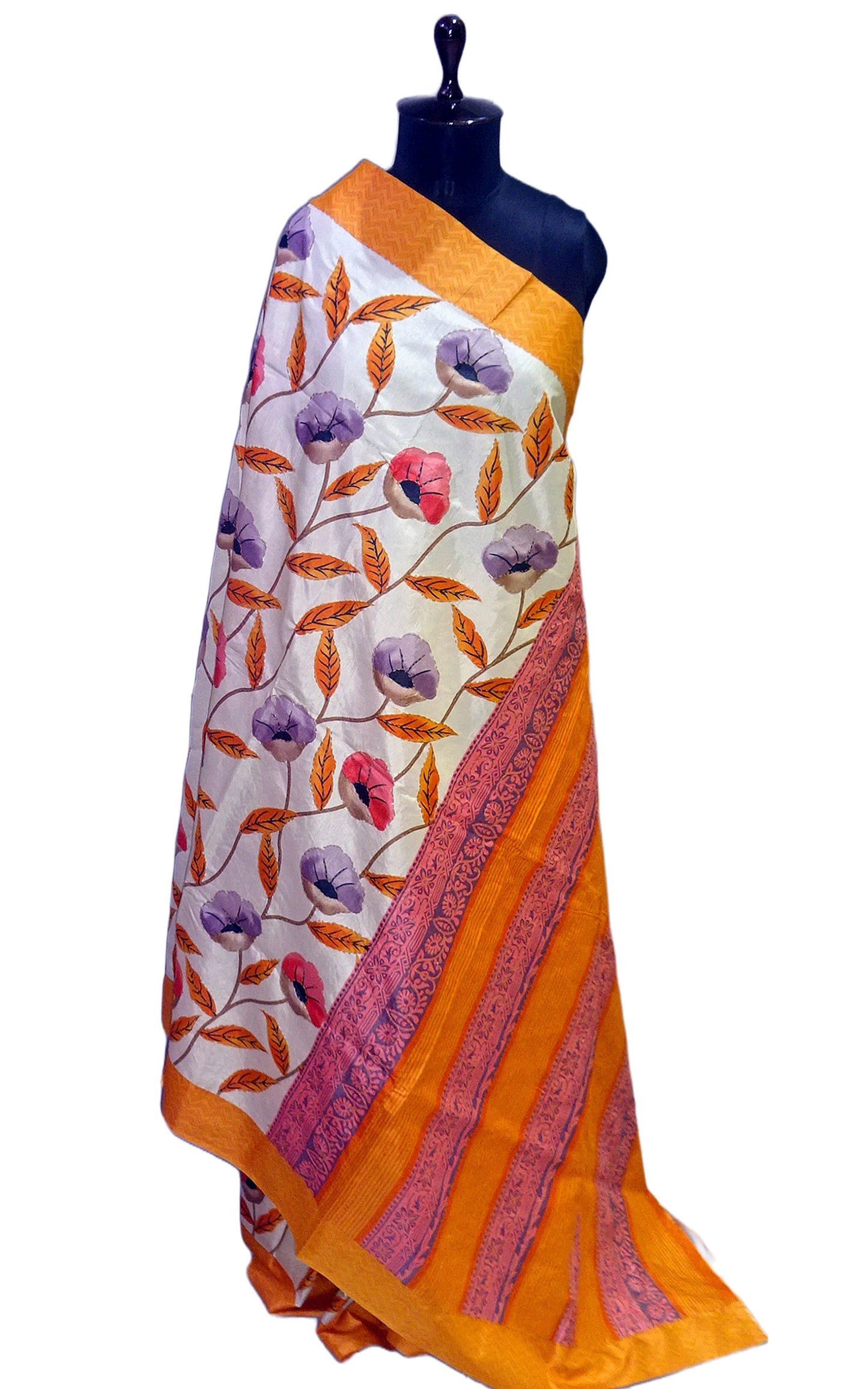 Floral Printed with Kantha Work Soft Kosa Silk Saree in Cream, Saffron and Multicolored