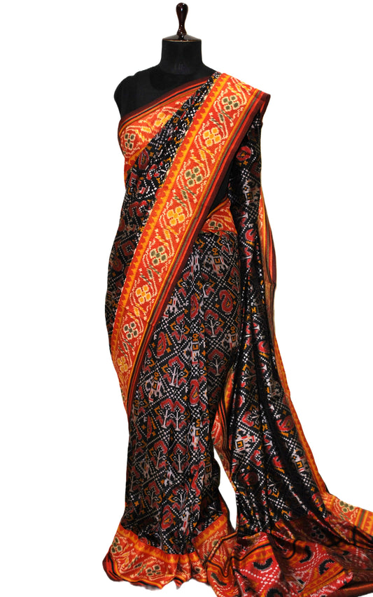 Ikkat Printed Blended Silk Saree in Black, Burnt Orange and Multicolored