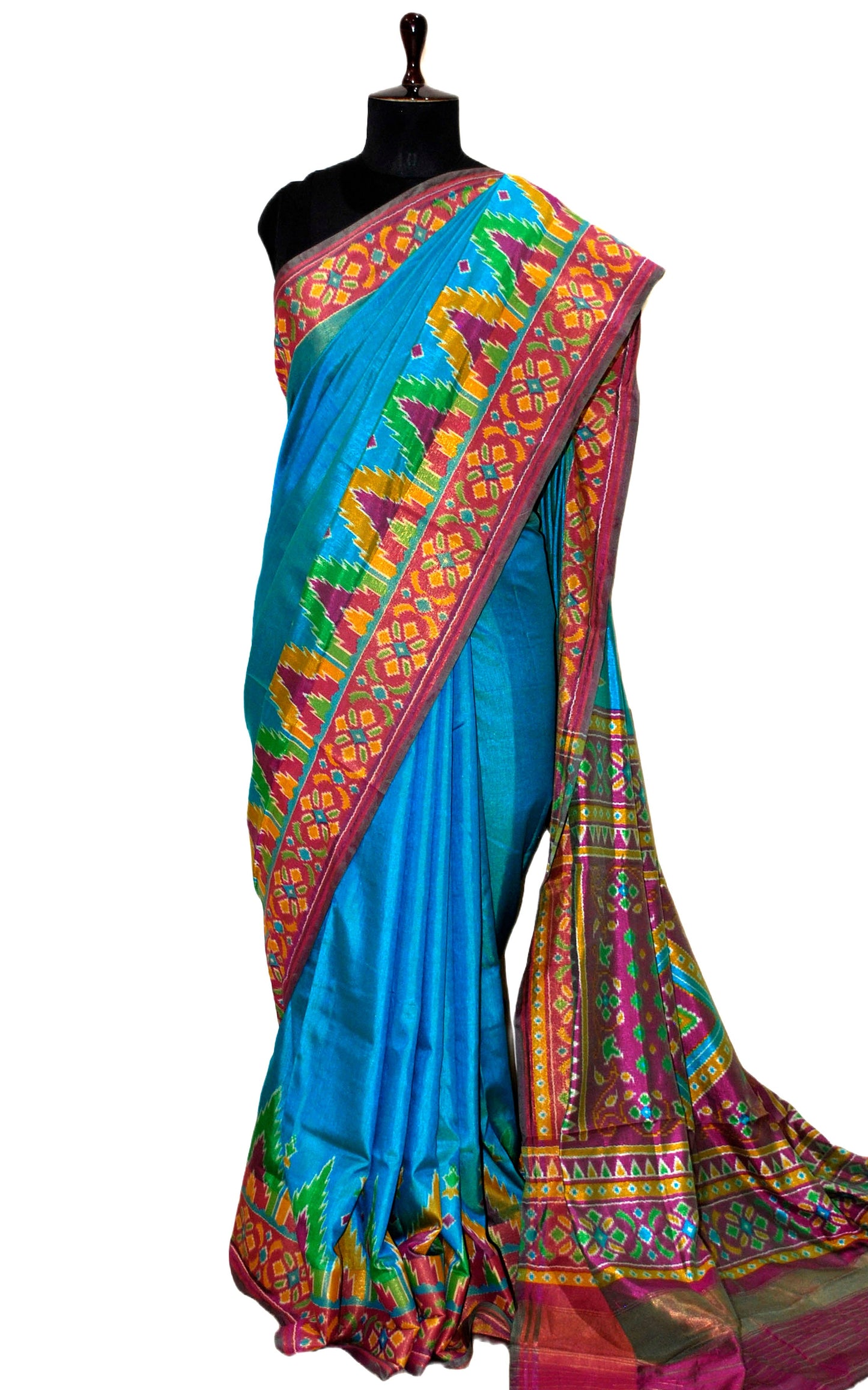 Ikkat Printed Blended Silk Saree in Blue, Purple and Multicolored