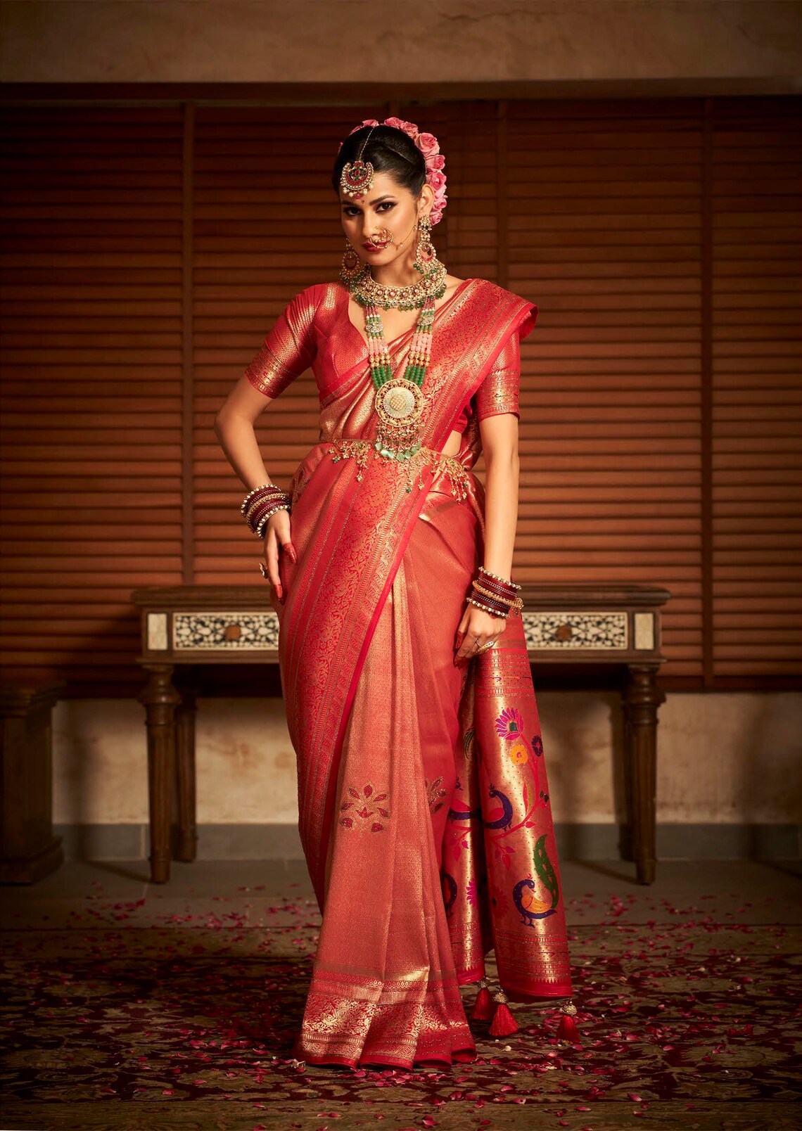 Red and Golden Paithani Swarovski Kanjeevaram Silk Bridal Saree