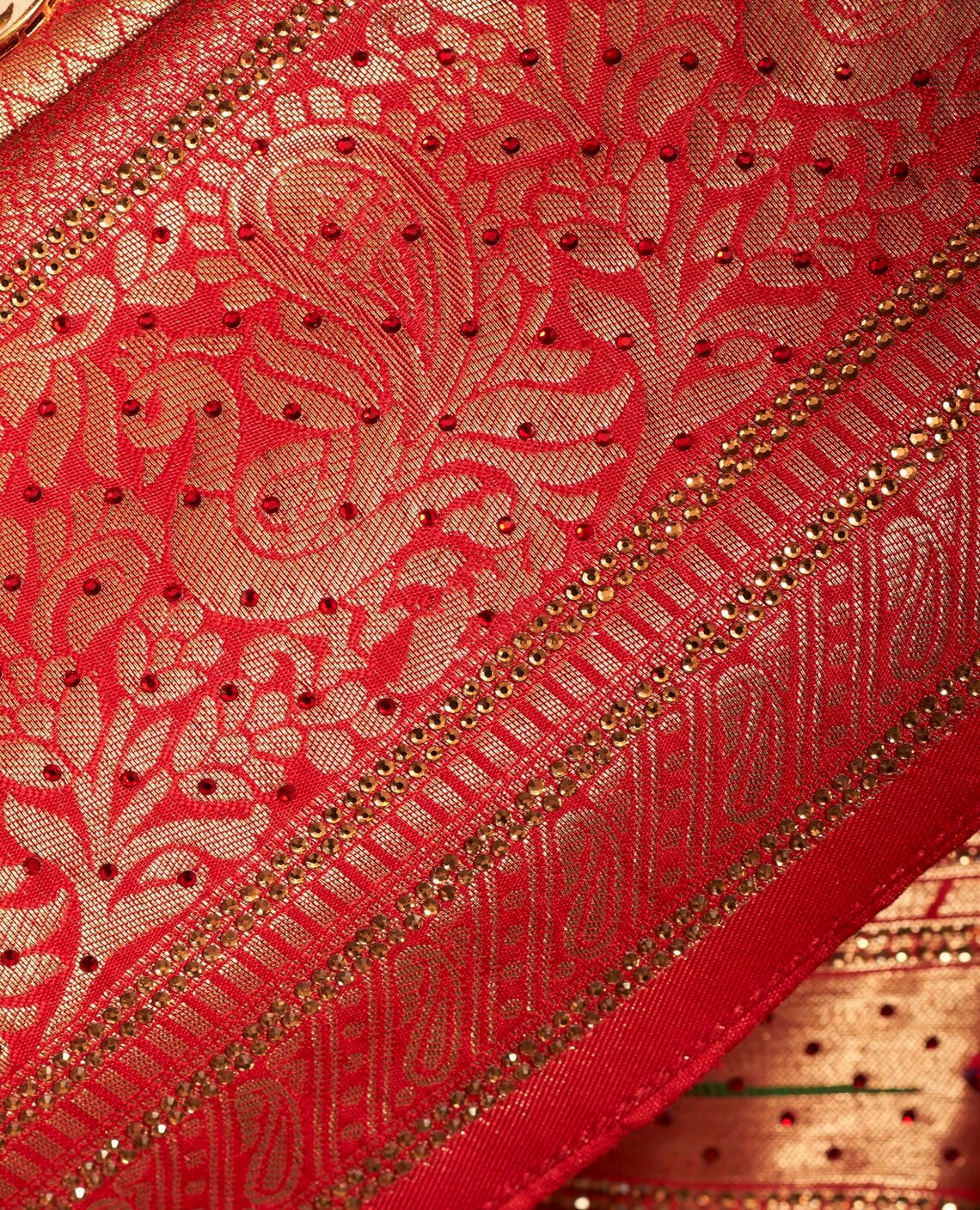 Red and Golden Paithani Swarovski Kanjeevaram Silk Bridal Saree