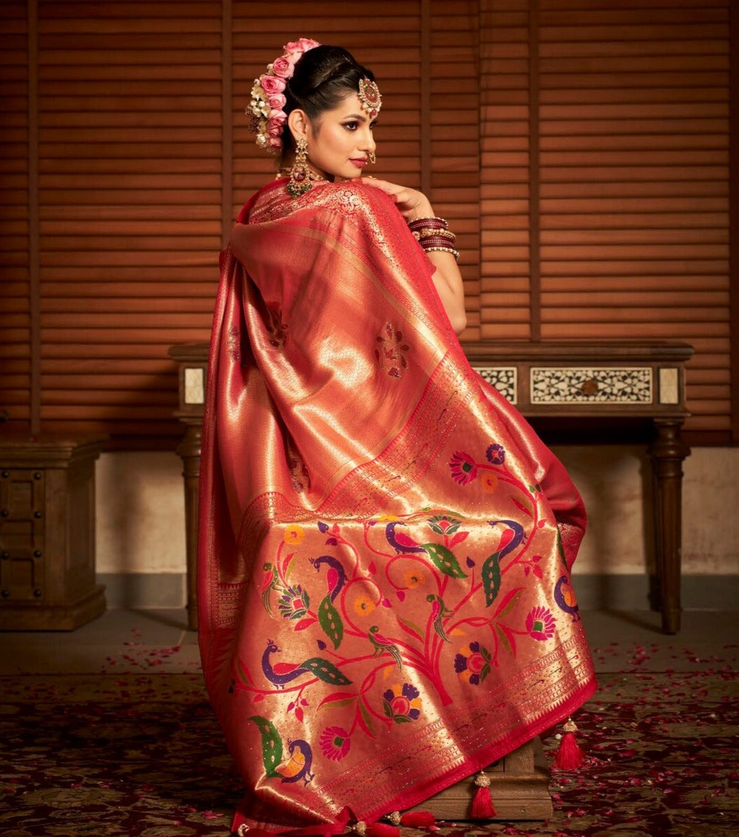 Red and Golden Paithani Swarovski Kanjeevaram Silk Bridal Saree