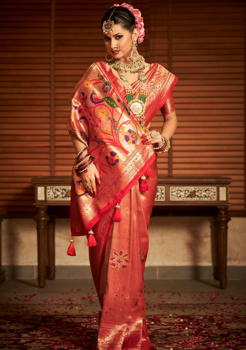 Red and Golden Paithani Swarovski Kanjeevaram Silk Bridal Saree