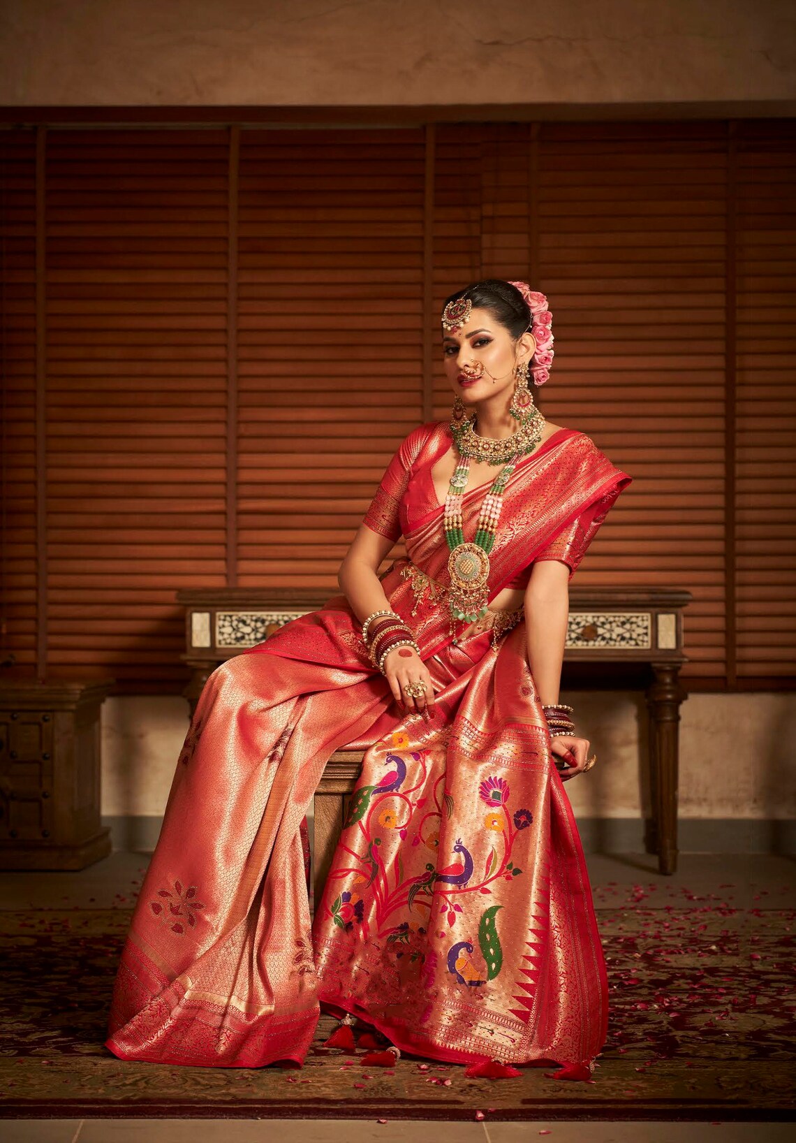 Red and Golden Paithani Swarovski Kanjeevaram Silk Bridal Saree