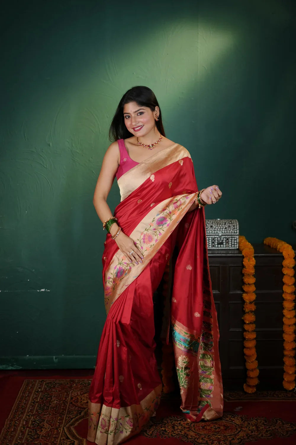 Handloom Red Pure Silk Paithani Banarasi Saree