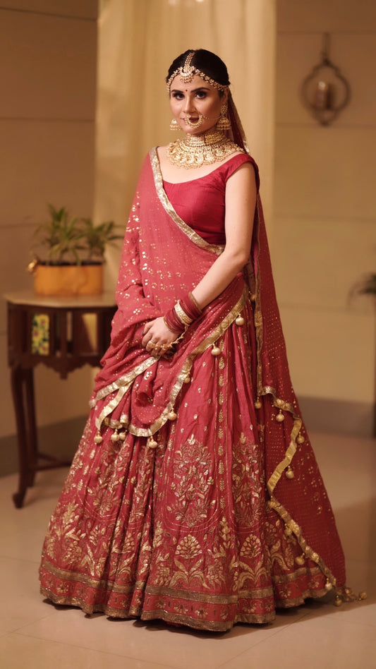 Rose Red Raw Silk Gota paaro lehenga set