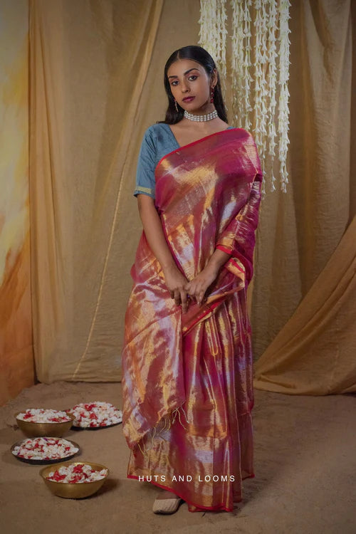 Peach Crown Jewel I Handloom Tissue saree