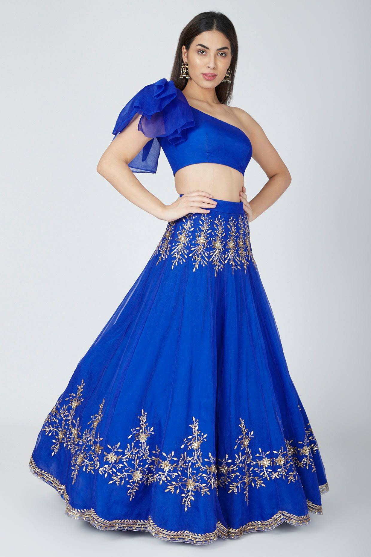 Blue Organza Nakshi, Gota Embroidered Lehenga Set