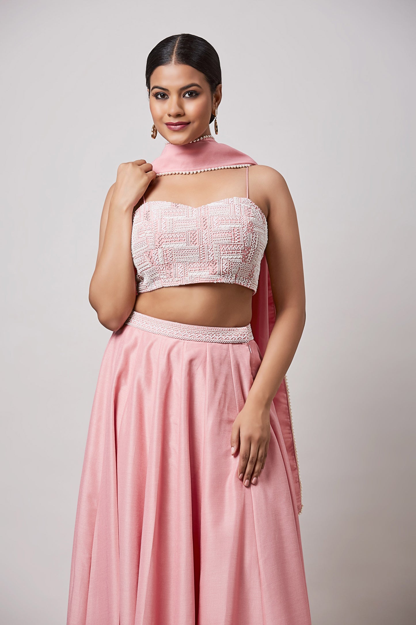Pearl Work Pink Bustier With Lehenga
