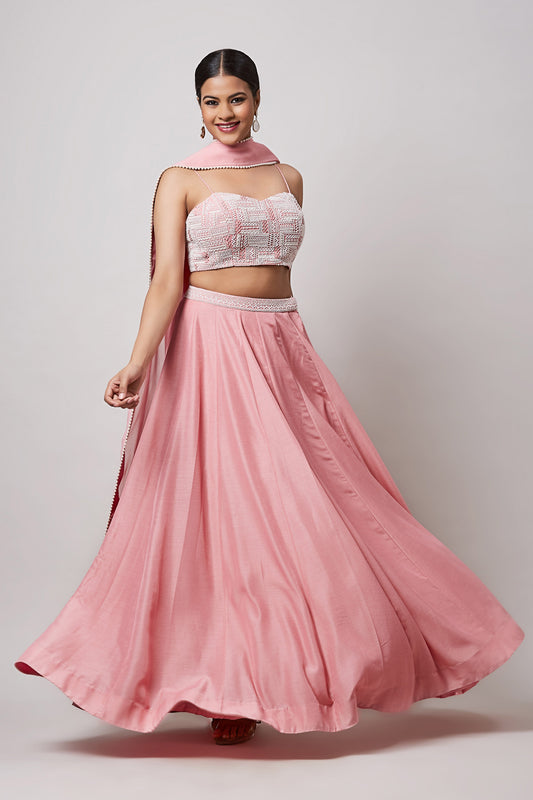 Pearl Work Pink Bustier With Lehenga