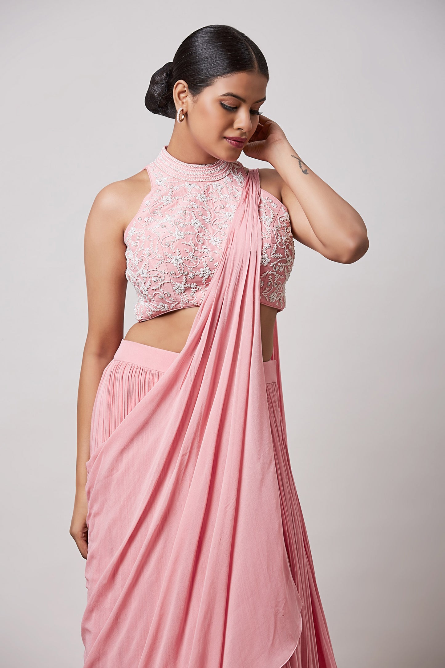 Pink Halter Neck Blouse With Pre Drape Saree