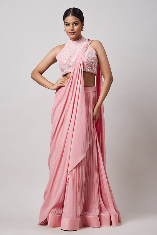 Pink Halter Neck Blouse With Pre Drape Saree