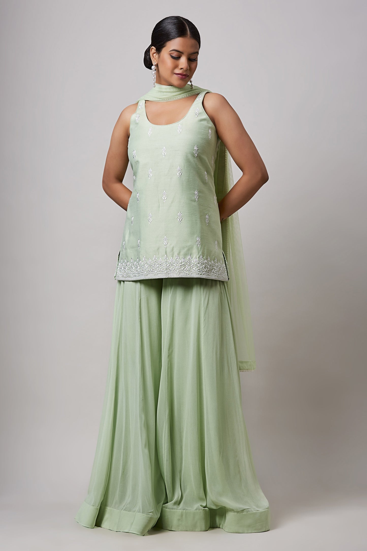 Mint Green Zion Silk Hand Embroidered Designer Sharara Set