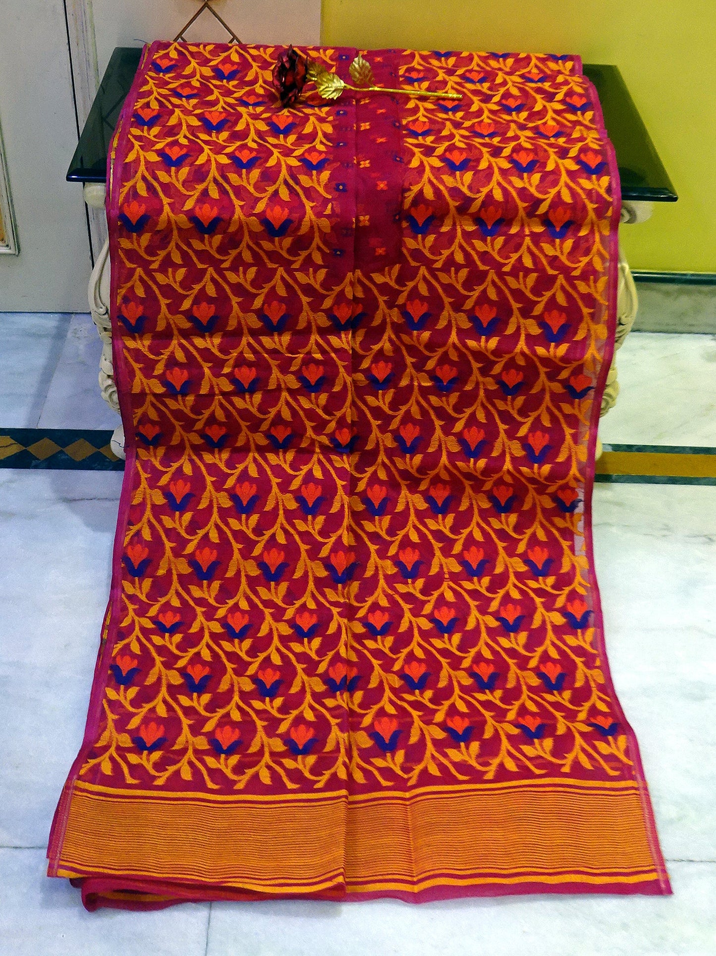 Lotus Jamdani Saree in Hot Pink, Yellow, Orange and Royal Blue