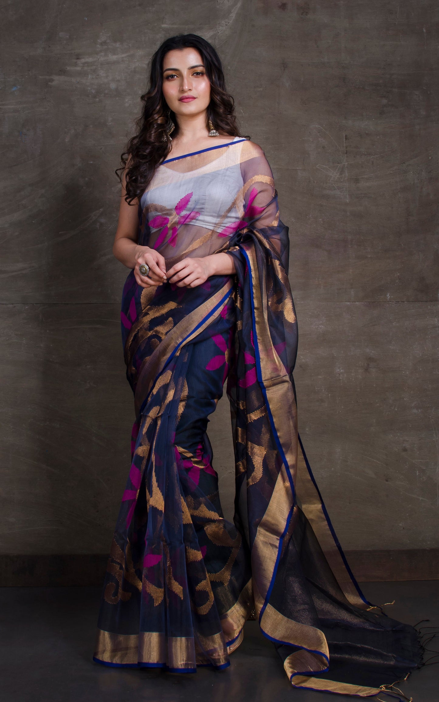 Traditional Soft Muslin Jamdani Saree in Dark Denim Blue, Gold and Magenta