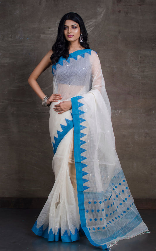 Woven Kota Checks Resham Muslin Jamdani Saree in White and Sapphire Blue