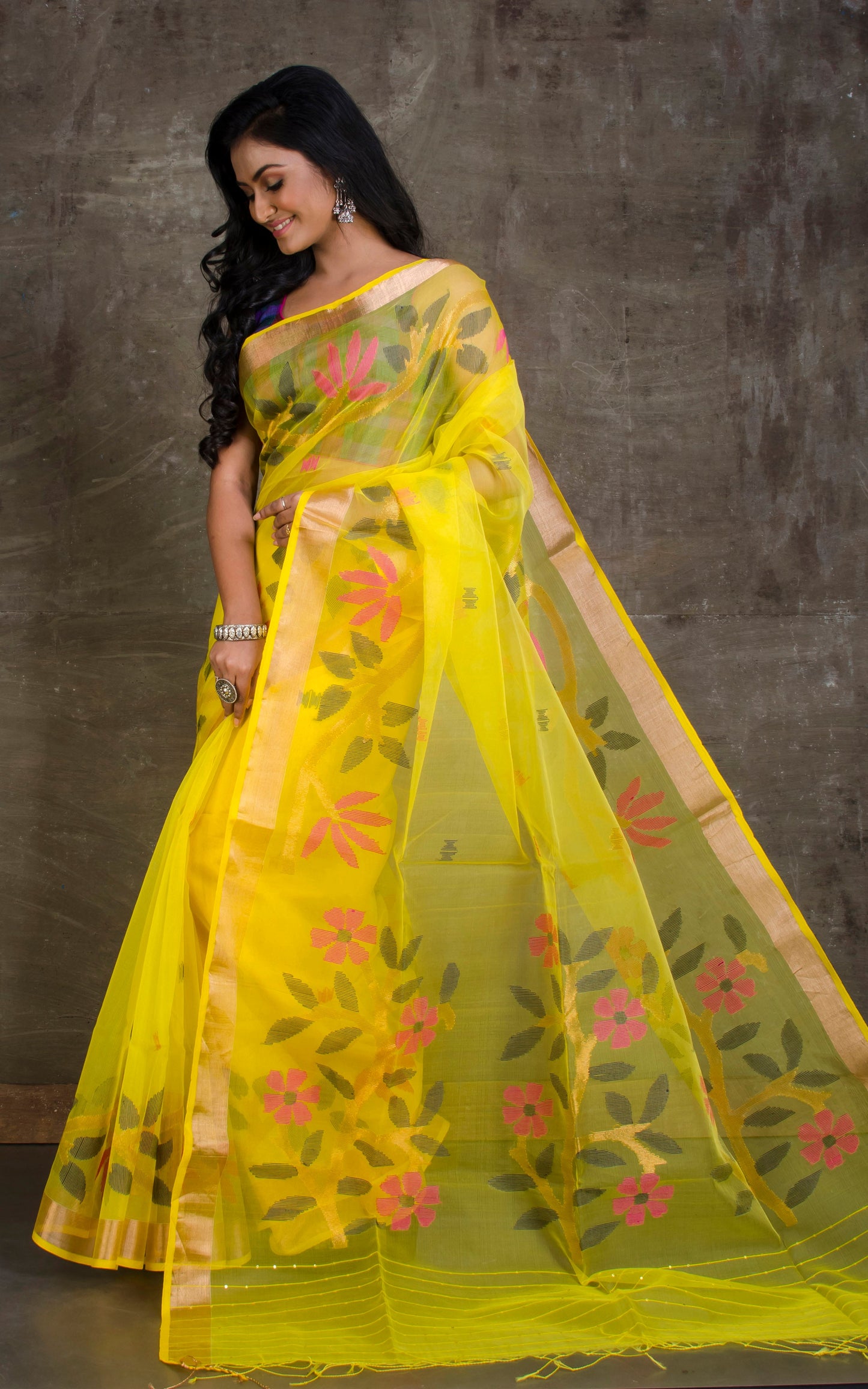 Skirt Border Work Muslin Jamdani Saree in Yellow and Multicolored Thread Work