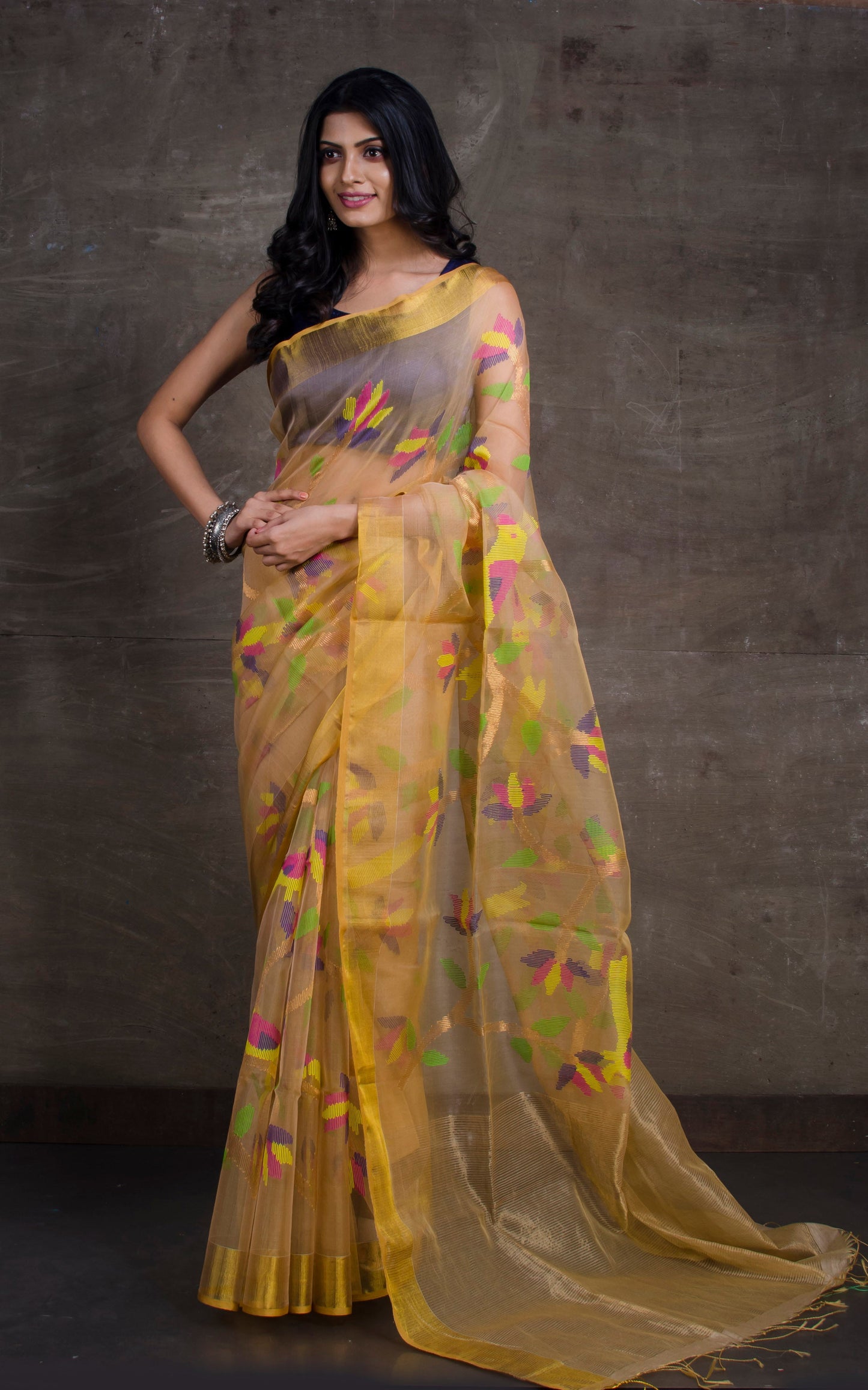 Bird Motif Silk Muslin Jamdani Saree in Gold Sand and Multicolored Thread Work