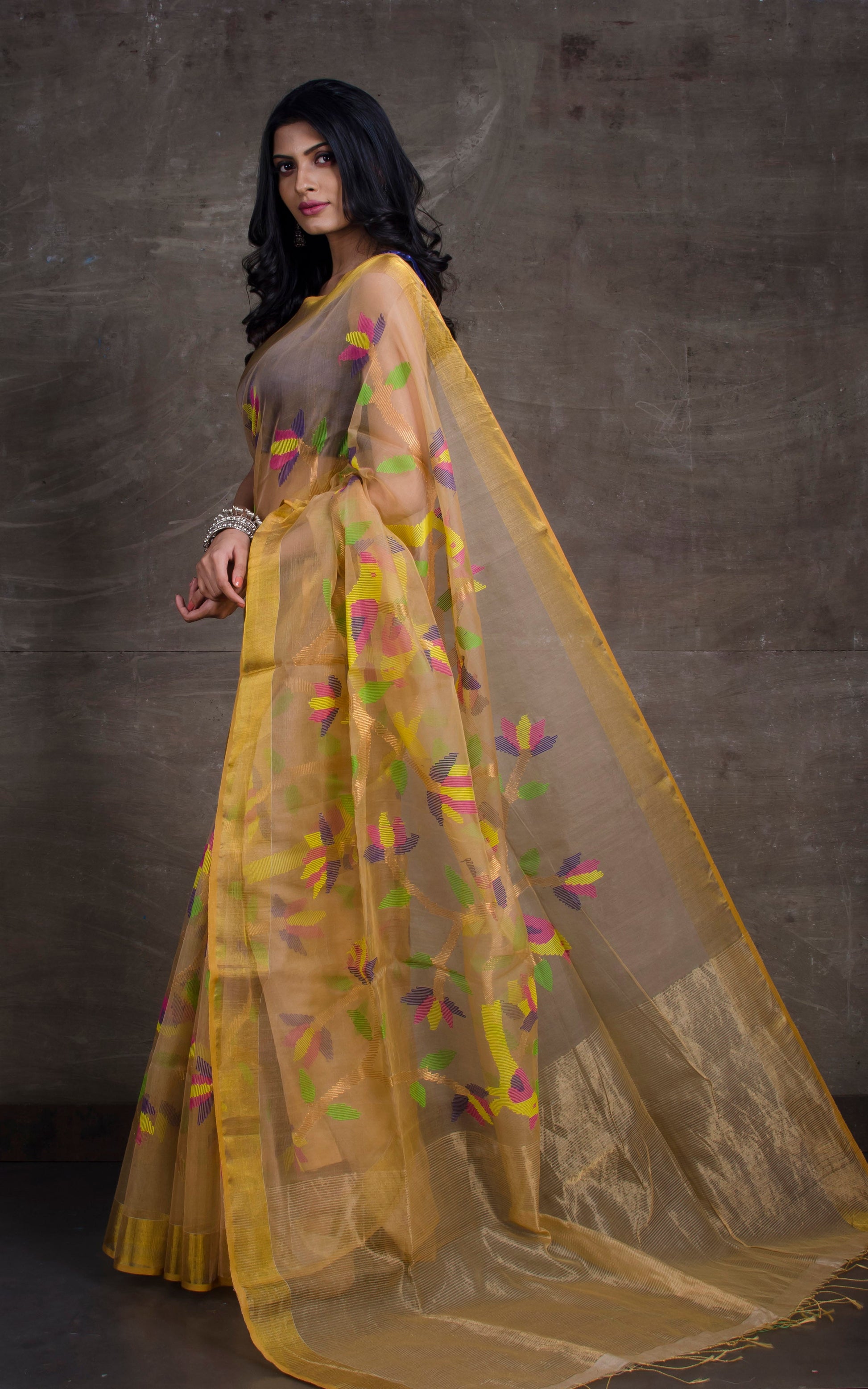 Bird Motif Silk Muslin Jamdani Saree in Gold Sand and Multicolored Thread Work