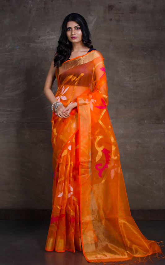 Traditional Soft Muslin Jamdani Saree in Orange, Gold and Hot Pink