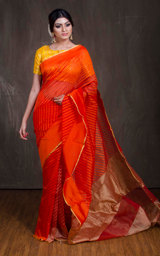 Banarasi Jute Net Saree in Fire Orange with Gicha Work