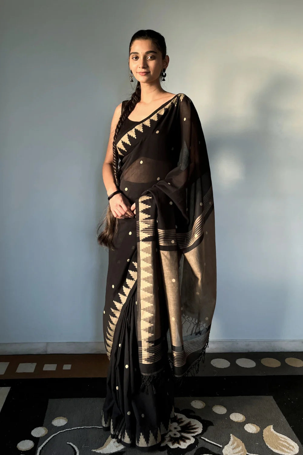 Handloom Black Soft Cotton Saree With Pyramid Motifs