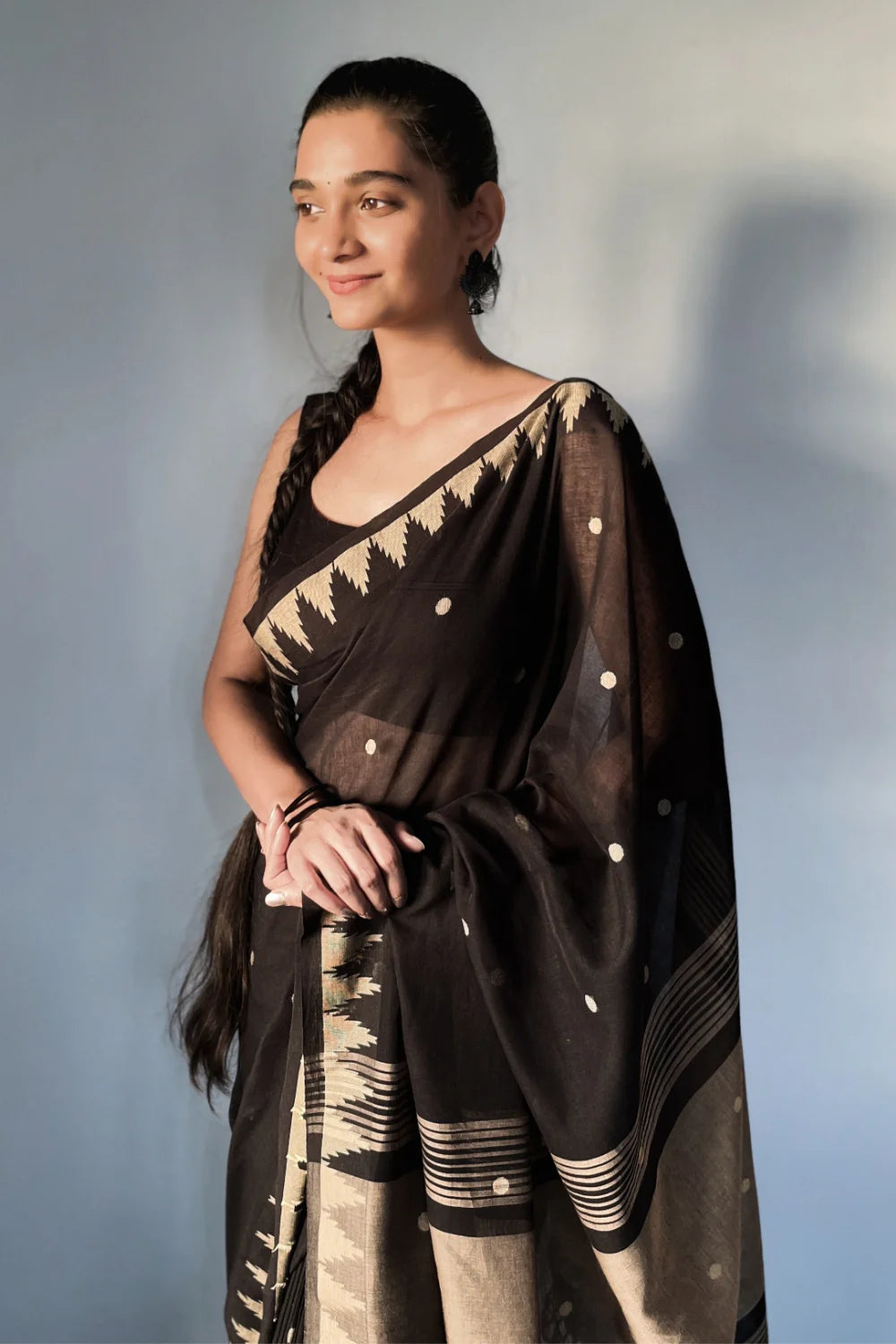 Handloom Black Soft Cotton Saree With Pyramid Motifs