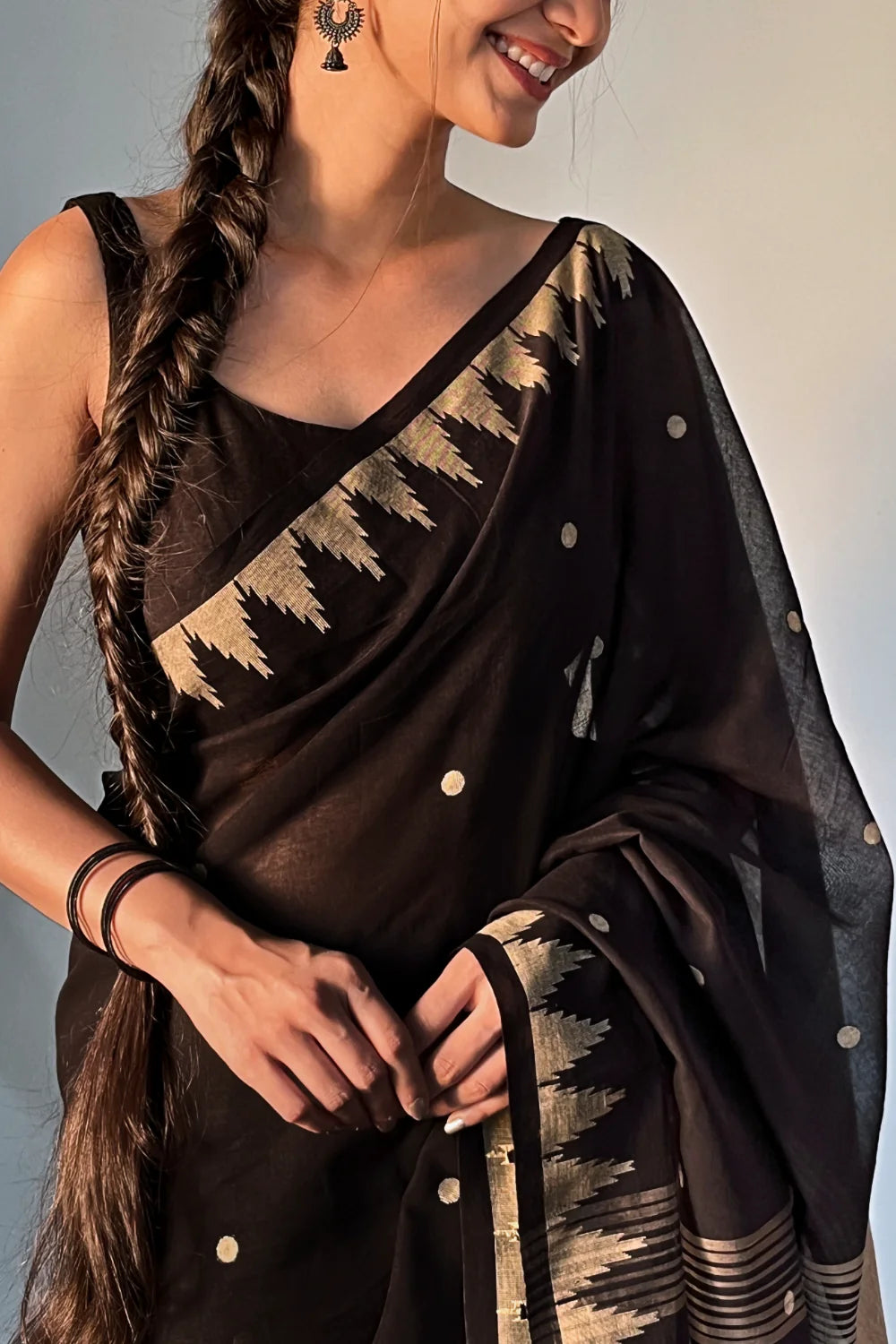 Handloom Black Soft Cotton Saree With Pyramid Motifs