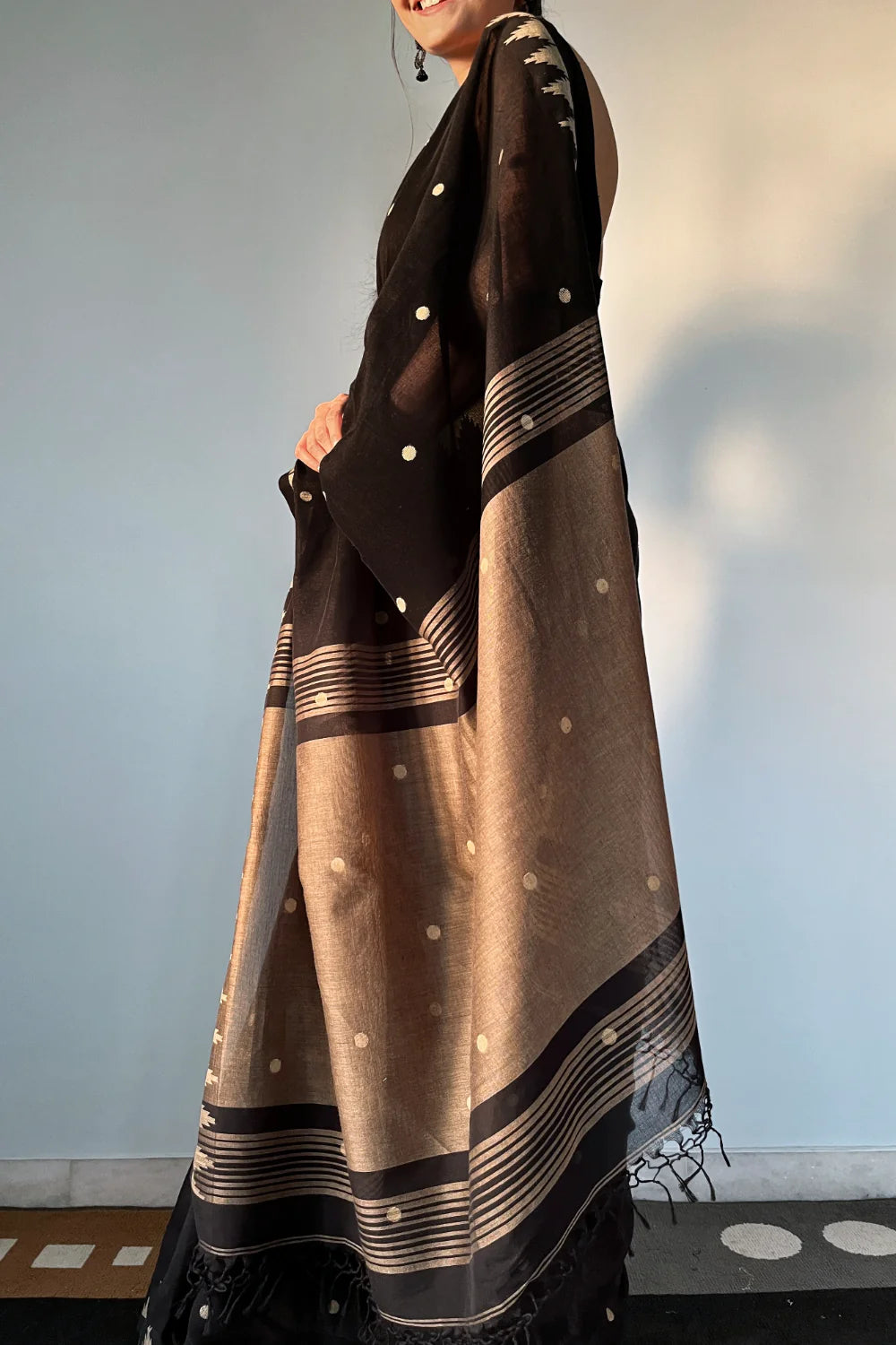 Handloom Black Soft Cotton Saree With Pyramid Motifs