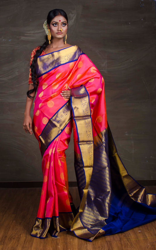 Kanchipuram Silk Saree in Pink, Blue and Gold - Bengal Looms India